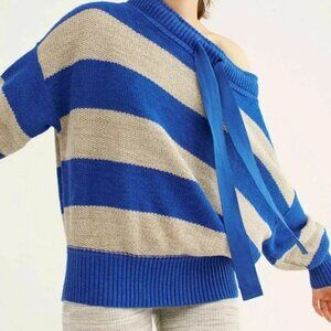 Free People Cassidy‎ Off-the-Shoulder Blue Stripe Pullover Sweater XS